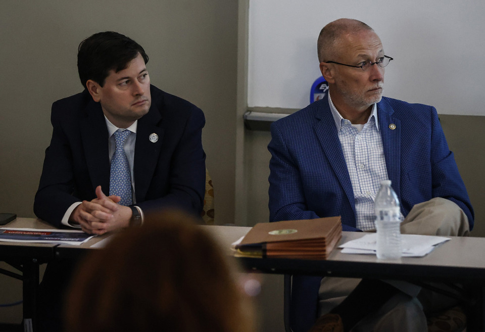 <strong>State Rep. John Gillespie, R-Memphis (left), and state Sen. Brent Taylor, R-Eads, attend a Memphis Shelby Crime Commission event May 23.</strong> (Mark Weber/The Daily Memphian)