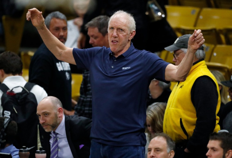 <strong>Television analyst Bill Walton stretches before the first half of an NCAA college basketball game between Oregon and Colorado, Jan. 2, 2020, in Boulder, Colo. Walton, who starred for John Wooden's UCLA Bruins before becoming a Basketball Hall of Famer and one of the biggest stars of basketball broadcasting, died Monday, May 27, 2024, the league announced on behalf of his family. He was 71.</strong> (David Zalubowski/AP Photo File)