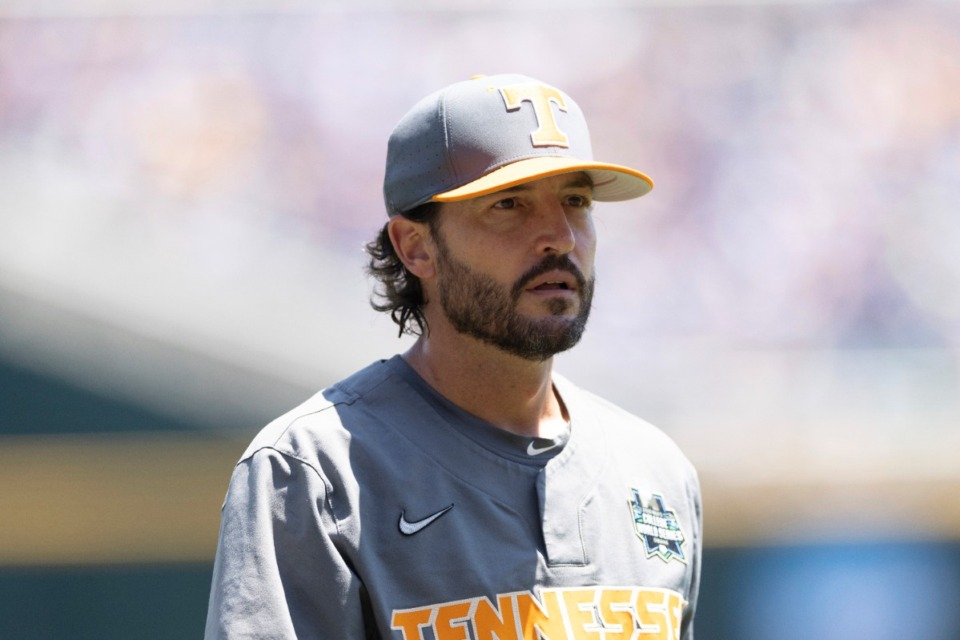 <strong>Tennessee head coach Tony Vitello coaches against Stanford in a baseball game at the NCAA College World Series in Omaha, Neb., on Monday, June 19, 2023. Tennessee, the consensus No. 1 team in the country for a month and the only team in the country to win 50 games three of the last four years, on Monday was named the top national seed for the NCAA Tournament. The 64-team tournament opens Friday in 16 double-elimination regionals.</strong>&nbsp;(Rebecca S. Gratz/AP Photo file)