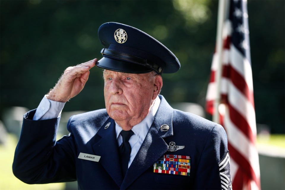 <strong>Air Force veteran Hugh Lamar attends Arlington's annual Memorial Day event at Arlington Cemetery on Monday, May 27, 2024.</strong> (Mark Weber/The Daily Memphian)