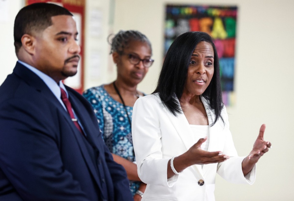 <strong>Memphis-Shelby County Schools new superintendent Marie Feagins speaks while touring Melrose High School on Monday, April 1, 2024.</strong> (Mark Weber/The Daily Memphian)