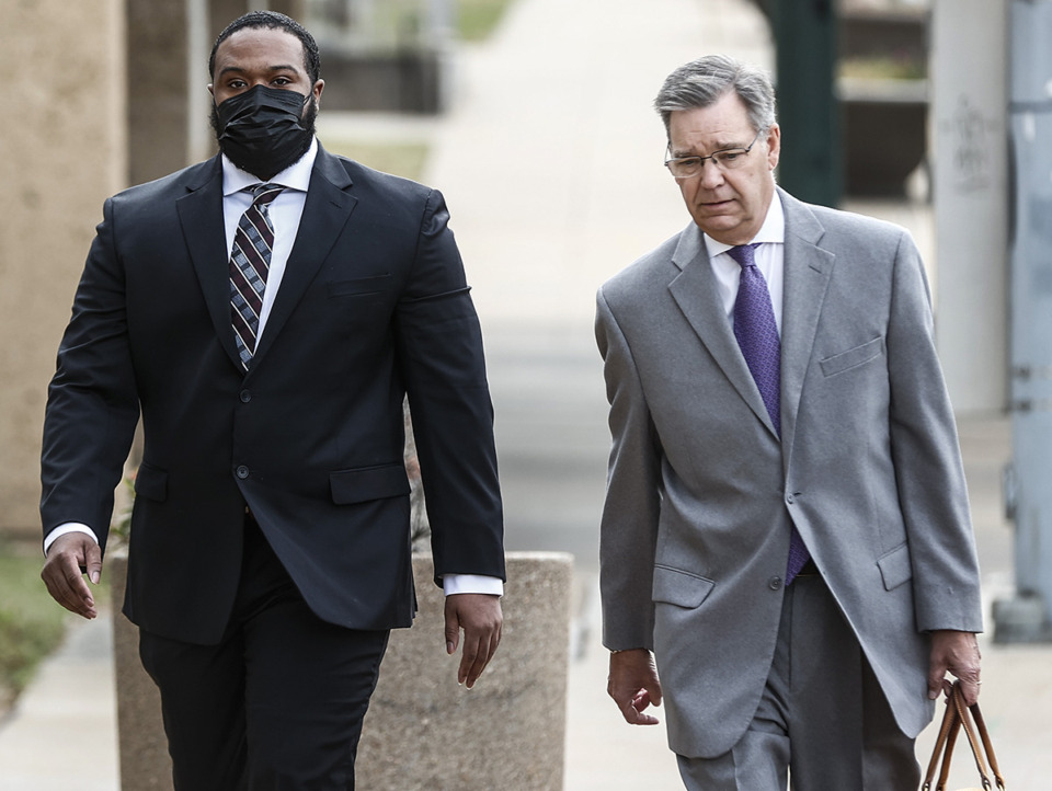 <strong>Former Memphis Police officer Demetrius Haley, left, and his lawyer Michael Stengel enter the Odell Horton Federal Building on Nov. 14, 2023.</strong> (Mark Weber/The Daily Memphian file)