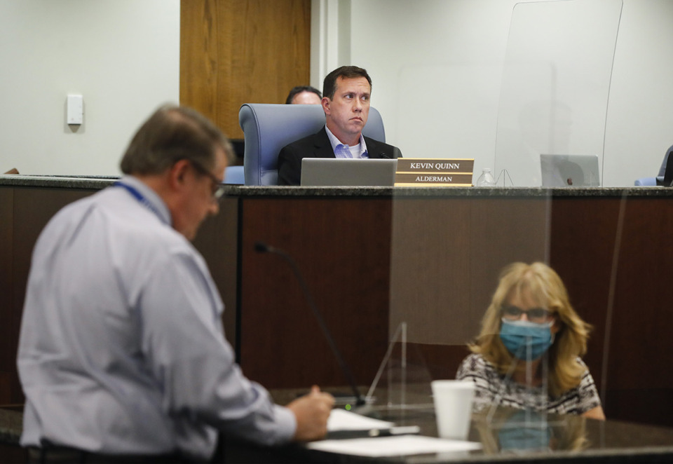 <strong>Bartlett&rsquo;s Board of Mayor and Aldermen approved a special use permit for a private school run by Christian Life Church. Alderman Kevin Quinn (top) attends a meeting of the Bartlett BMA on Tuesday, May 25, 2021.</strong> (Mark Weber/The Daily Memphian file)