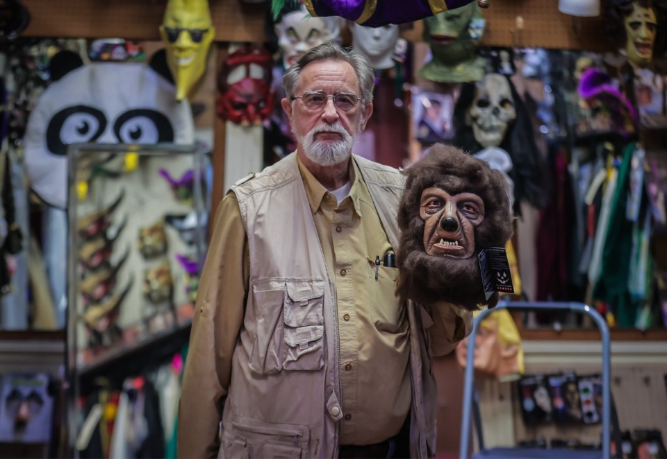 <strong>Barry Lincoln, the longtime owner of Mr. Lincoln's Costume Shoppe, poses for a portrait with a friend inside his Midtown store May 29, 2024.</strong> (Patrick Lantrip/The Daily Memphian)