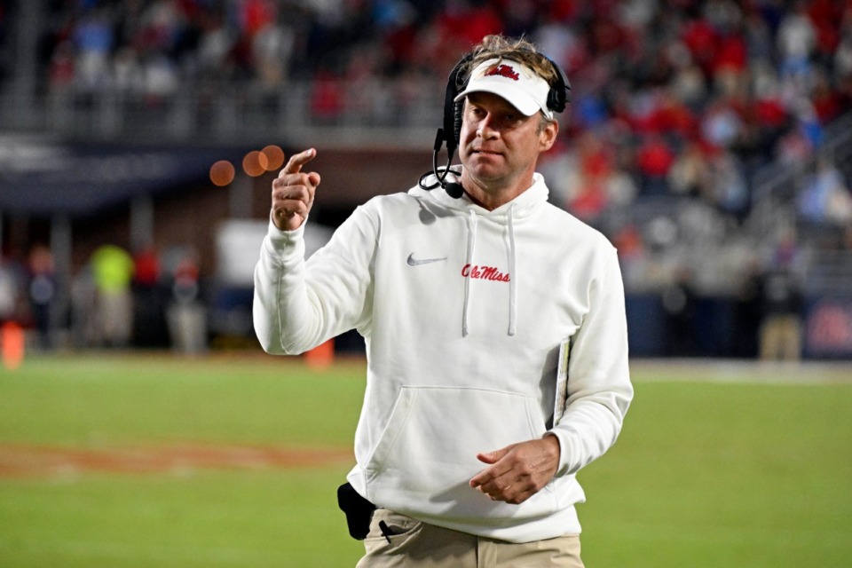 <strong>Mississippi head coach Lane Kiffin gestures during the second half of an NCAA college football game against Arkansas in Oxford, Miss., Saturday, Oct. 7, 2023.</strong>&nbsp; (Thomas Graning/AP Photo File)