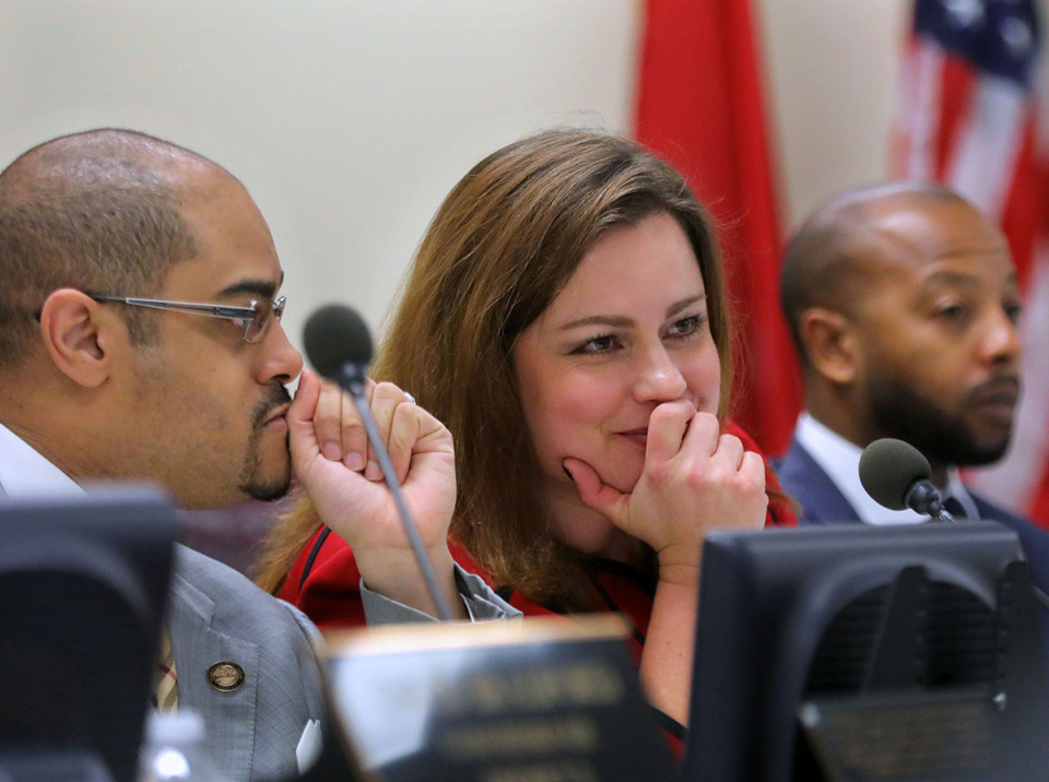 <strong>Shelby County Commissioners Edmund Ford Jr., left, and Amber Mills, center, proposed three items totaling $4.2 million that would come from the county&rsquo;s reserve fund. Eleven budget amendments totaling $10.7 million were made Wednesday, May 29, in committee sessions.</strong> (Patrick Lantrip/The Daily Memphian file)