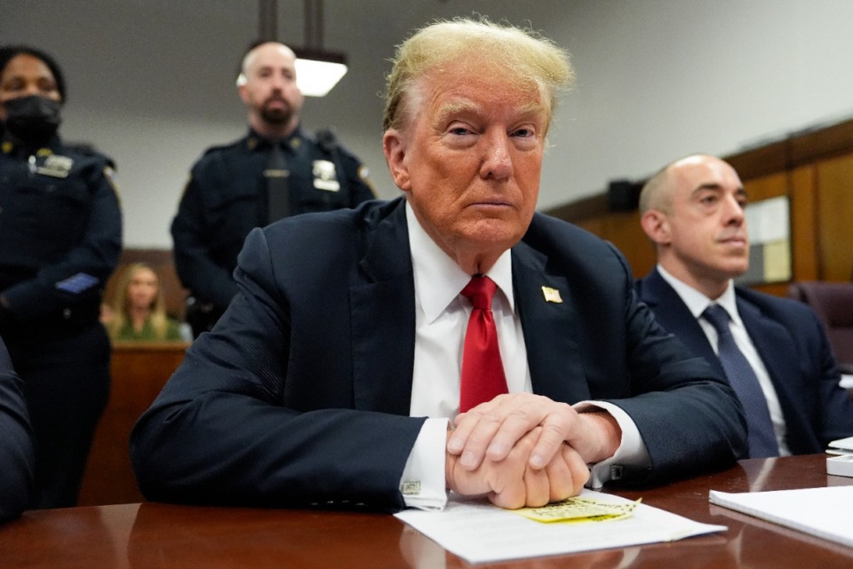 <strong>Former President Donald Trump waited for the start of proceedings in Manhattan Criminal Court, May 28, 2024, in New York.</strong> (AP Photo/Julia Nikhinson, Pool)