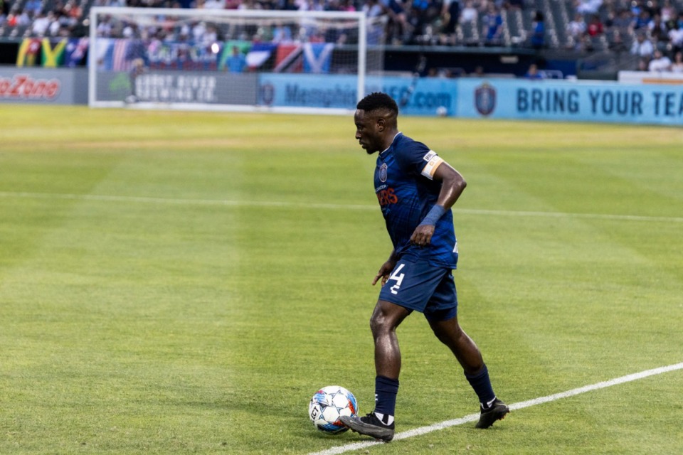 <strong>Memphis 901 FC&rsquo;s Akeem Ward prepares to pass the ball during a game versus the Pittsburgh Riverhounds at AutoZone Park.</strong> (Brad Vest/Special to The Daily Memphian)&nbsp;