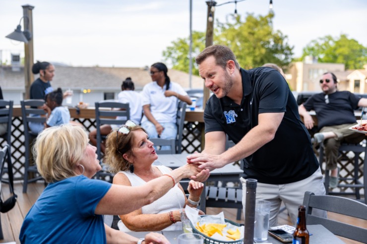 <strong>University of Memphis head football coach Ryan Silverfield shakes hands with fans before the second Tiger Tour at Brookhaven Pub &amp; Grill Thursday, May 30, 2024.</strong> (Benjamin Naylor/The Daily Memphian)