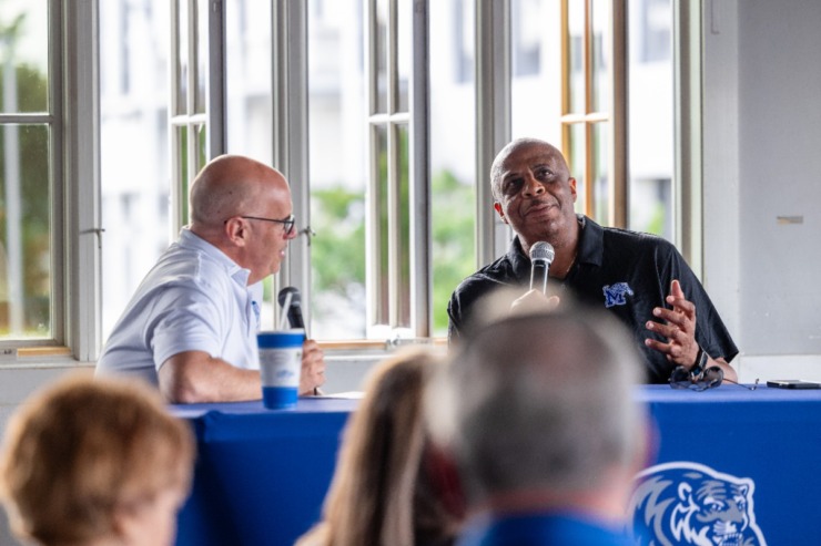 <strong>Ken Moody (right) a member of Memphis Athletics&rsquo; external leadership team and a former basketball student-athlete, talks during the second Tiger Tour at Brookhaven Pub &amp; Grill Thursday, May 30, 2024.</strong> (Benjamin Naylor/The Daily Memphian)