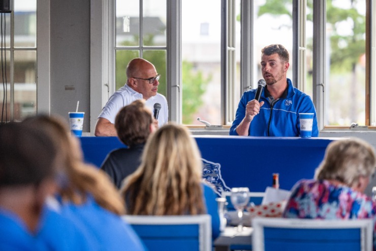 <strong>University of Memphis head tennis coach Chris Doerr talks during the second Tiger Tour at Brookhaven Pub &amp; Grill Thursday, May 30, 2024</strong>. (Benjamin Naylor/The Daily Memphian)