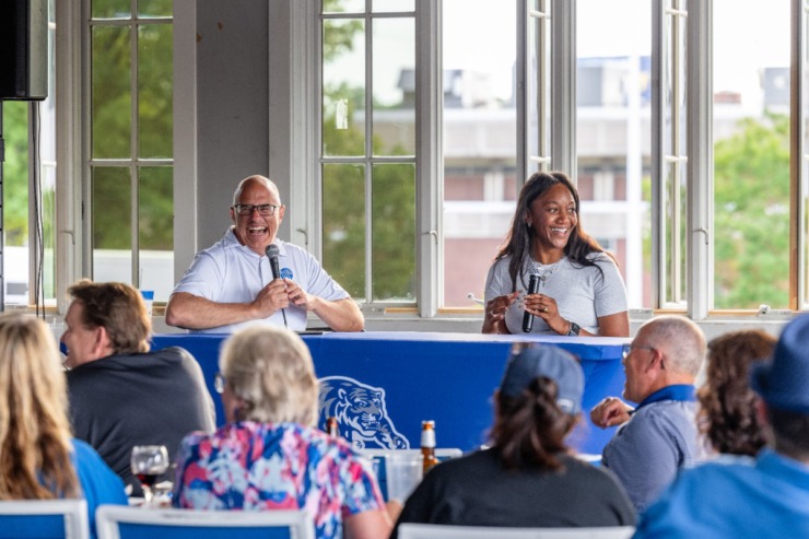 <strong>University of Memphis head women's basketball coach Alex Simmons, answers fans&rsquo; questions during the second Tiger Tour at Brookhaven Pub &amp; Grill Thursday, May 30, 2024.</strong> (Benjamin Naylor/The Daily Memphian)