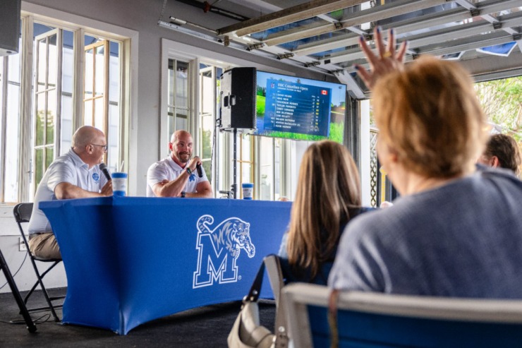 <strong>University of Memphis head baseball coach Matt Riser talks during the second Tiger Tour at Brookhaven Pub &amp; Grill Thursday, May 30, 2024. Riser recently finished his first season as head coach of the Tigers baseball team.</strong> (Benjamin Naylor/The Daily Memphian)