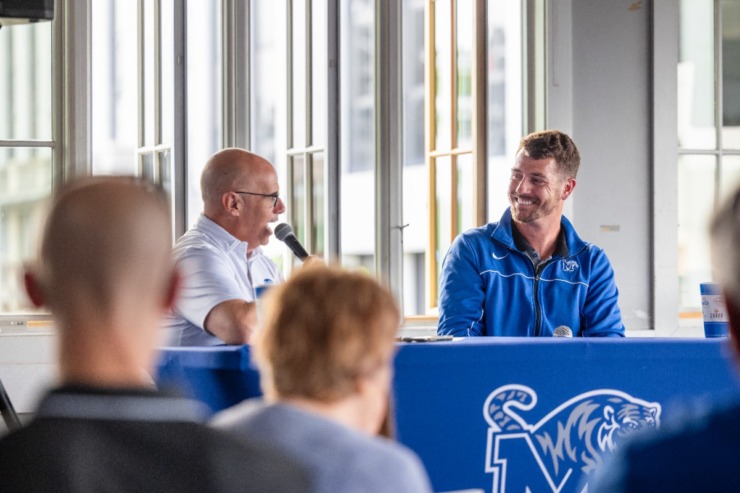 <strong>University of Memphis head tennis coach Chris Doerr talks during the second Tiger Tour at Brookhaven Pub &amp; Grill Thursday, May 30, 2024.</strong> (Benjamin Naylor/The Daily Memphian)