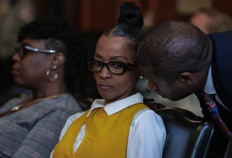 <strong>Wanda Halbert talks to counsel during a May 31, 2024 hearing in Judge Felicia Corbin-Johnson's Shelby County Circuit Court Division 1 courtroom.</strong> (Patrick Lantrip/The Daily Memphian)