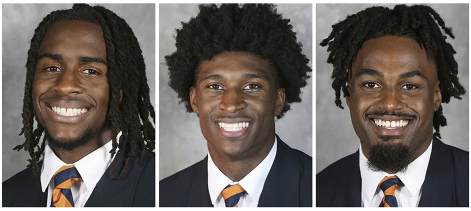 <strong>This combo of undated images provided by University of Virginia Athletics shows NCAA college football players, from left, Devin Chandler, Lavel Davis Jr. and D'Sean Perry. The three Virginia football players were killed in a shooting Sunday, Nov. 13, 2022, in Charlottesville, Va., while returning from a class trip to see a play.</strong> (University of Virginia Athletics via AP file)