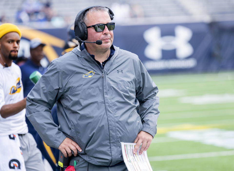 <strong>Memphis Showboats head coach John DeFliippo stands on the sideline as Memphis plays against the Michigan Panthers at Simmons Bank Liberty Stadium Sunday, April 28, 2024.</strong> (Greg Campbell/Special to The Daily Memphian file)