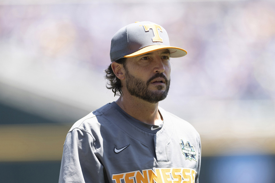 <strong>Tennessee head coach Tony Vitello coaches against Stanford in a baseball game at the NCAA College World Series in Omaha, Neb., on Monday, June 19, 2023. The Vols defeated Southern Mississippi in the Knoxville Regional on Sunday, June 2, 2024.</strong> (Rebecca S. Gratz/AP Photo file)