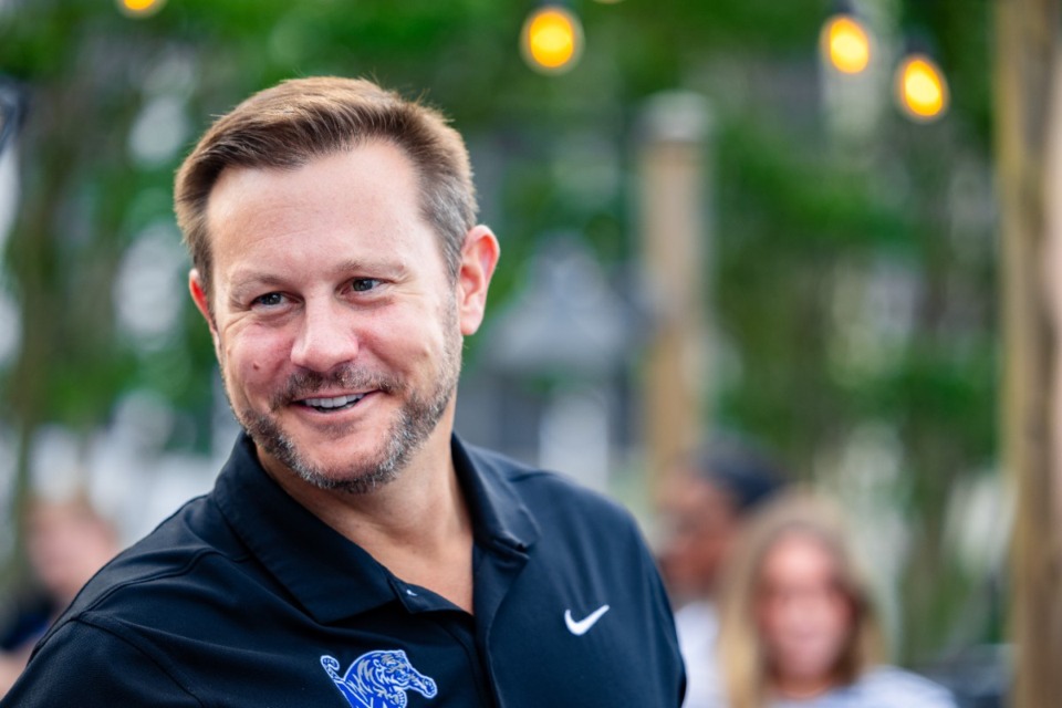 <strong>University of Memphis head football coach Ryan Silverfield smiles before the second Tiger Tour at Brookhaven Pub &amp; Grill Thursday, May 30, 2024.</strong> (Benjamin Naylor/The Daily Memphian)