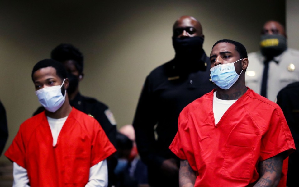 <strong>Cornelius Smith (left) and Justin Johnson, who are charged in the killing of Memphis rapper Young Dolph, appeared in Judge Lee Coffee's Shelby County Criminal Court Division 7 on Jan. 19, 2022.</strong> (Patrick Lantrip/Daily Memphian)