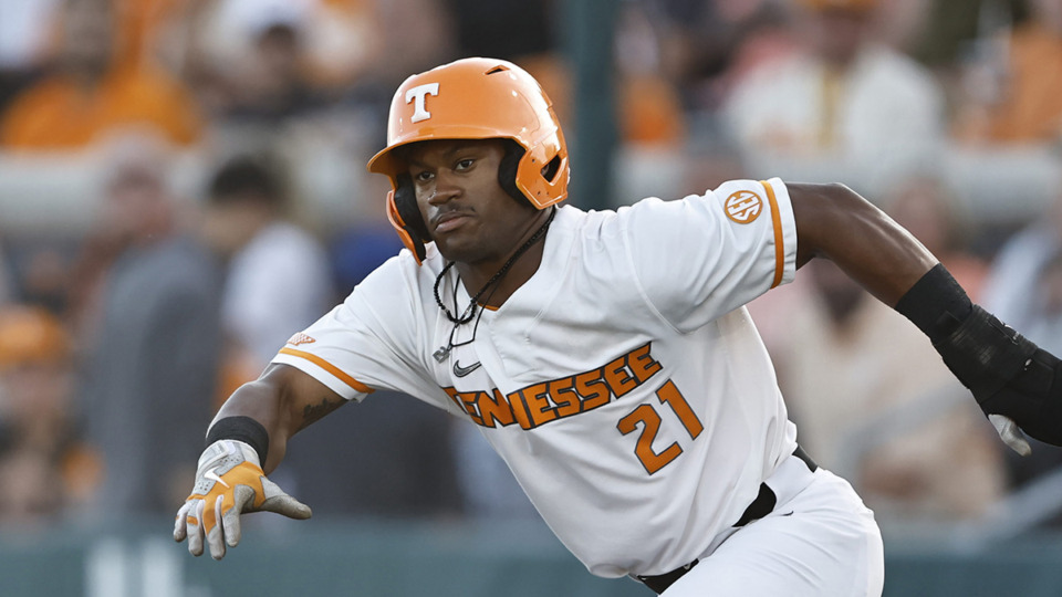 <strong>Tennessee outfielder Kavares Tears (21) breaks for second base during an NCAA regional baseball game against Northern Kentucky on Friday, May 31, 2024, in Knoxville, Tenn.</strong> (Wade Payne/AP Photo)