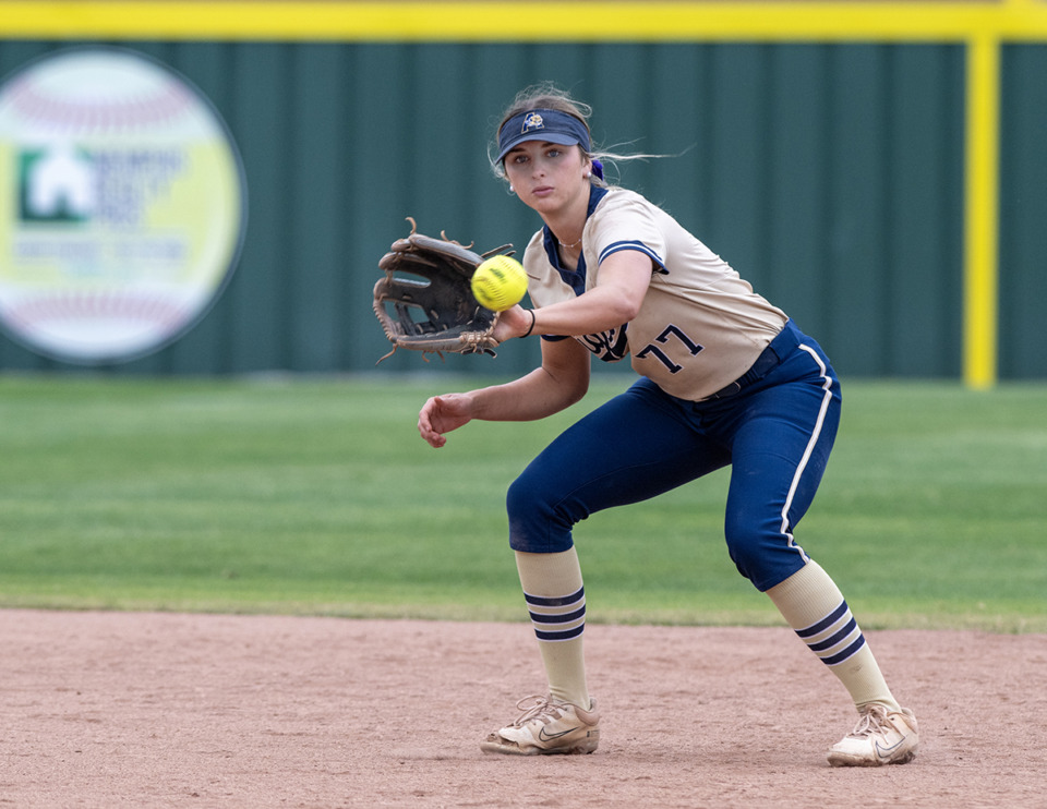 <strong>Arlington High School girls softball shortstop Addie Graham fields a ground ball against Central High School in a district play-off game Monday, May 13, 2024, at Arlington High School.</strong> (Greg Campbell/Special to The Daily Memphian)