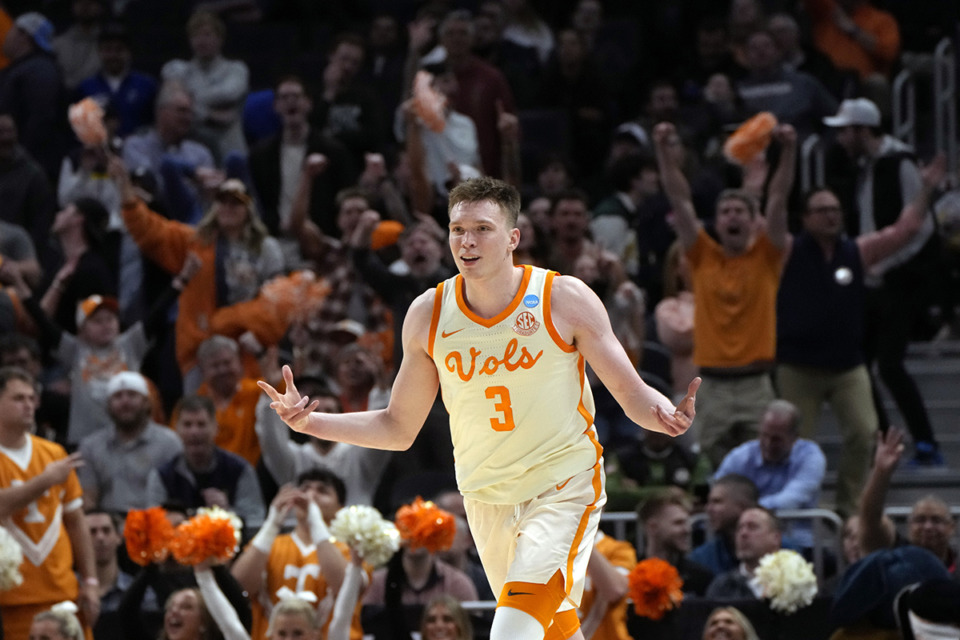 <strong>Tennessee guard Dalton Knecht (3) reacts after a three-point basket during the second half of a Sweet 16 college basketball game against Creighton in the NCAA Tournament, Saturday, March 30, 2024, in Detroit.</strong> (Paul Sancya/AP Photo file)