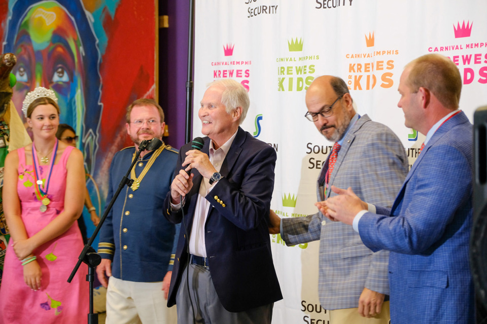 <strong>From left to right: Mary Franklin Williams (2024 Carnival queen), Kevin Kimery (2024 Carnival king), Dr. Scott Morris, Ed Galfsky (executive director of Carnival Memphis) and Chip Campbell (President of Carnival Memphis) seen in a photo together.</strong> (Courtesy Church Health)