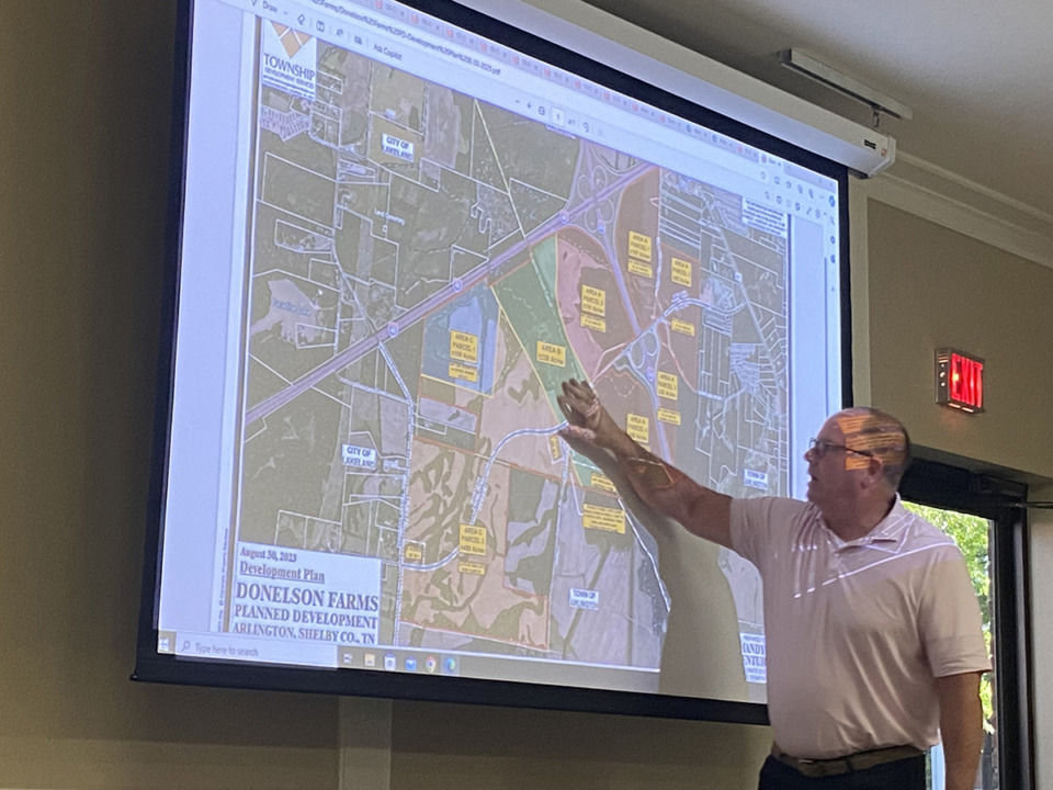 <strong>State Rep. Kevin Vaughan, R-Collierville, presented at a special work session at Arlington Town Hall June 7. He represented landowner Normandy Road Ventures, which includes members of the Fogelman family, at the meeting.</strong> (Michael Waddell/Special to The Daily Memphian)