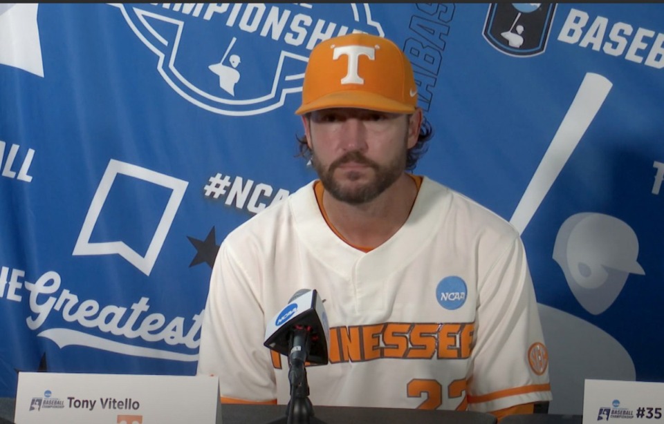 <strong>University of Tennessee Vols head baseball coach Tony Vitello speaks to the press after Tennessee&rsquo;s win over Evansville Friday, June 7, 2024. &ldquo;A fun game to watch, but a stressful game to be in the dugout.&rdquo;</strong> (Screen capture)