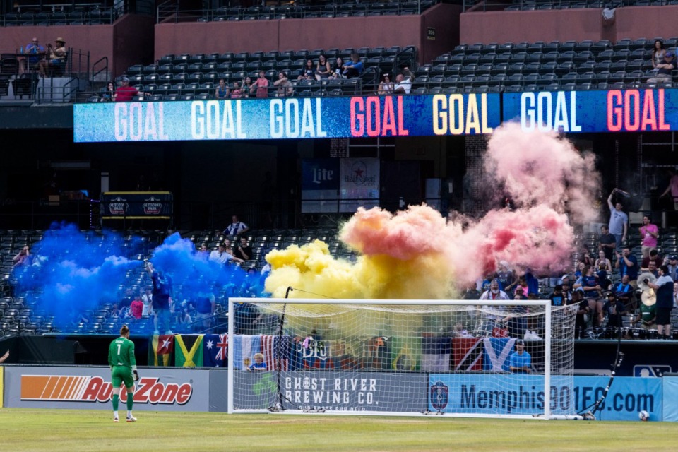 <strong>Fans (in a file photo) celebrate a Memphis 901 FC goal at AutoZone Park</strong>. (Brad Vest/Special to The Daily Memphian)