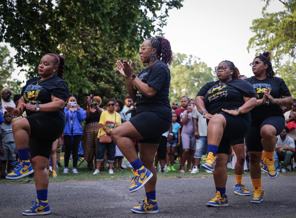 <strong>Alumnae of the Sigma Gamma Rho sorority participate in the Greek Stoll Off at the Memphis Juneteenth Celebration in Health Science Park on June 17, 2023.</strong> (Patrick Lantrip/The Daily Memphian)