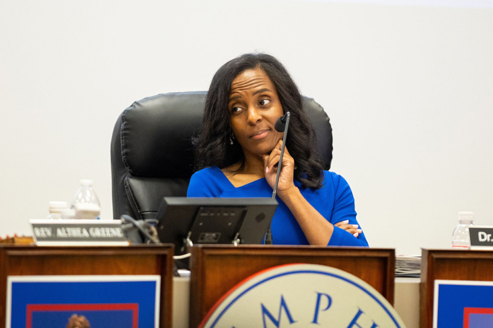 <strong>Memphis-Shelby County Schools Superintendent Marie Feagins listens as school board members give their opinions of the recent changes to some employees&rsquo; jobs and pay on Tuesday, June 11.</strong> (Benjamin Naylor/The Daily Memphian)