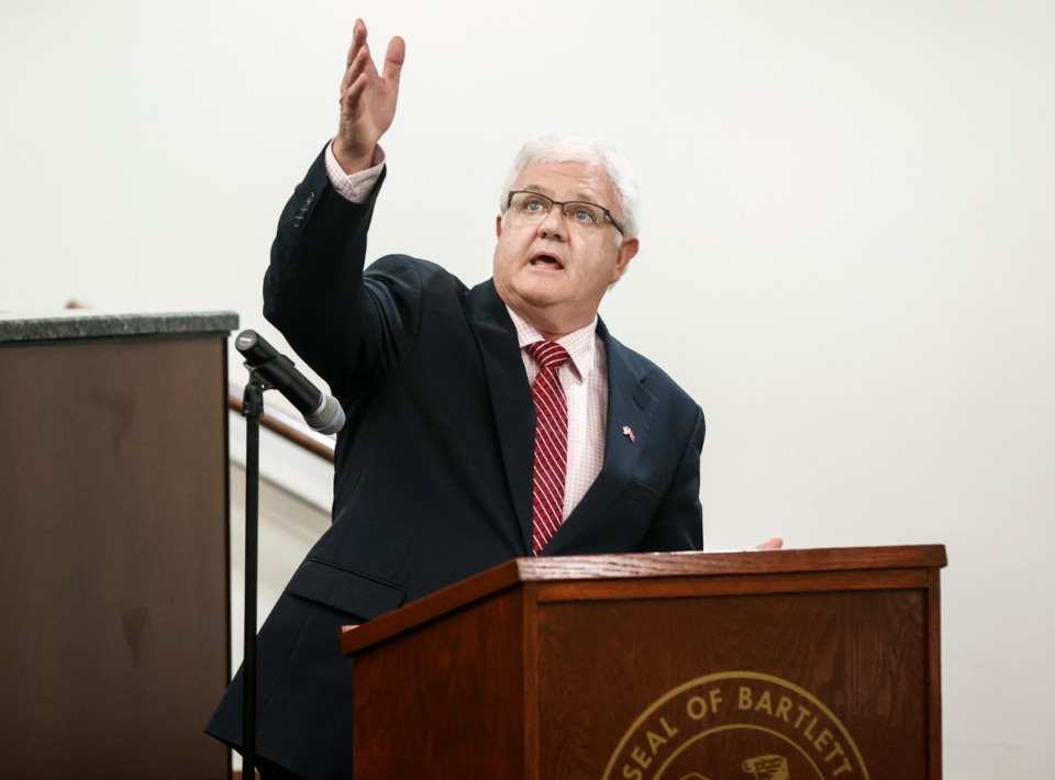 <strong>Bartlett Mayor David Parsons speaks during a press conference on Tuesday, April 11, 2023. The Bartlett Board of Mayor and Aldermen has unanimously passed third and final readings of the city&rsquo;s $200 million budget for the 2024-25 fiscal year beginning July 1.&nbsp;</strong>(Mark Weber/The Daily Memphian file)