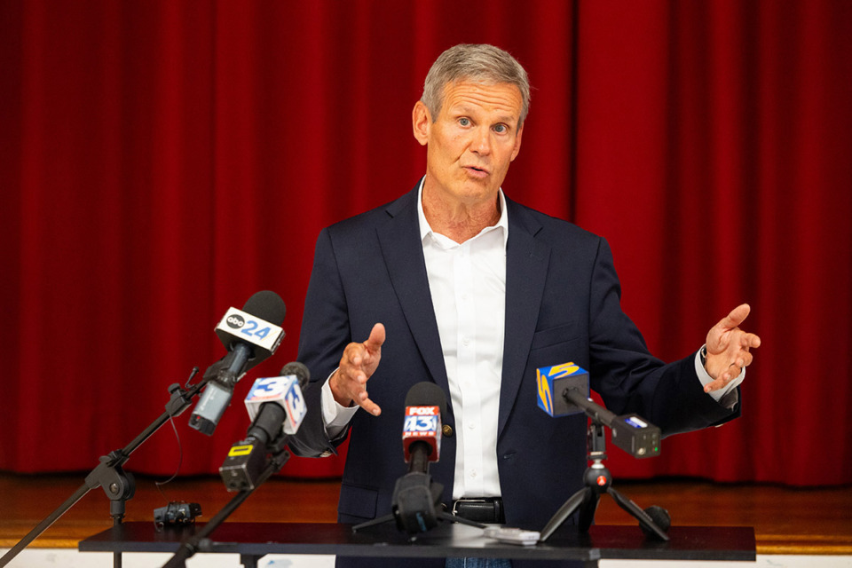<strong>Gov. Bill Lee talks to the media at the end of his tour of Winchester Elementary's summer program June 12.</strong> (Benjamin Naylor/The Daily Memphian)