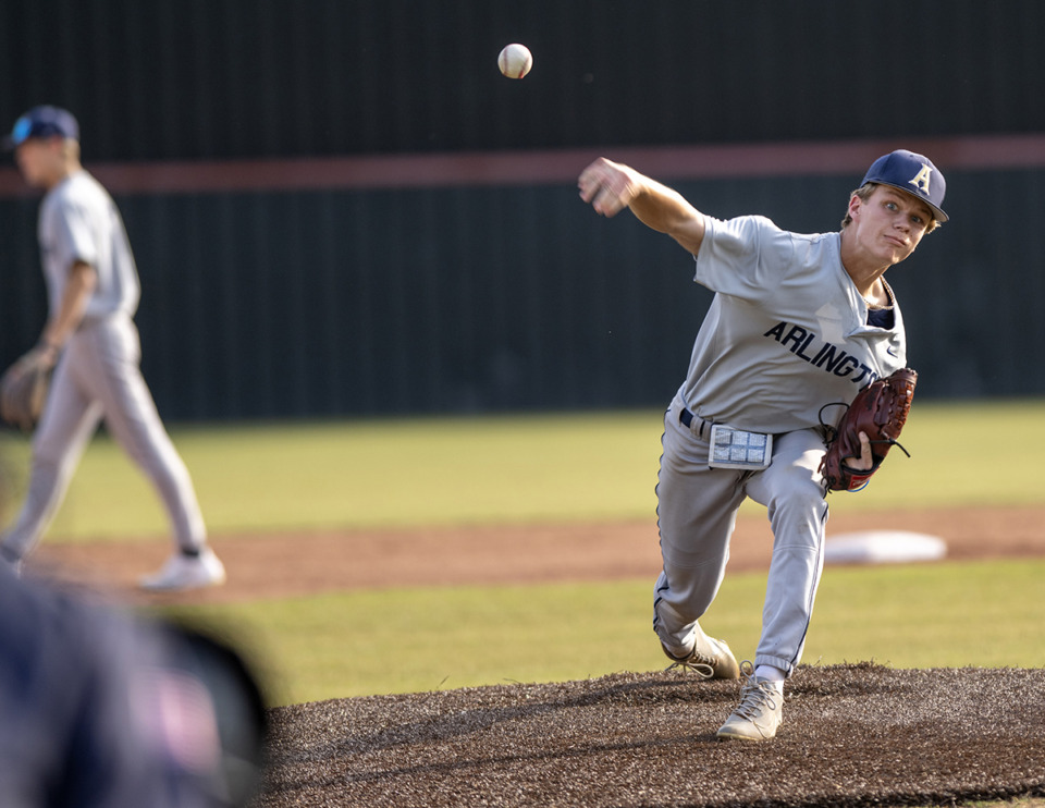 <strong>Arlington pitcher Jack Hibbard pitches to District 15-4A rivals in the championship game, Monday, May 8, 2023 at Houston High School. Arlington defeated Collierville 3-2.</strong> (Greg Campbell/Special to The Daily Memphian file)