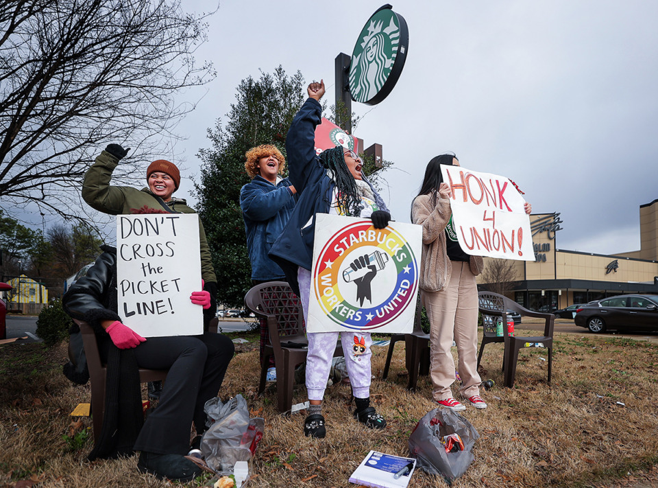 <strong>A group of employees lead by Nabretta Hardin (center) protest for union rights outside of the Poplar Avenue Starbucks Dec. 16, 2022.&nbsp;In August 2022, using the two-prong test, U.S. District Judge Sheryl Lipman in Memphis ordered Starbucks to take the workers back; rescind unlawful discipline issued to one of the workers, post the court&rsquo;s order in the store and cease unlawful activity.</strong> (Patrick Lantrip/The Daily Memphian file)&nbsp;