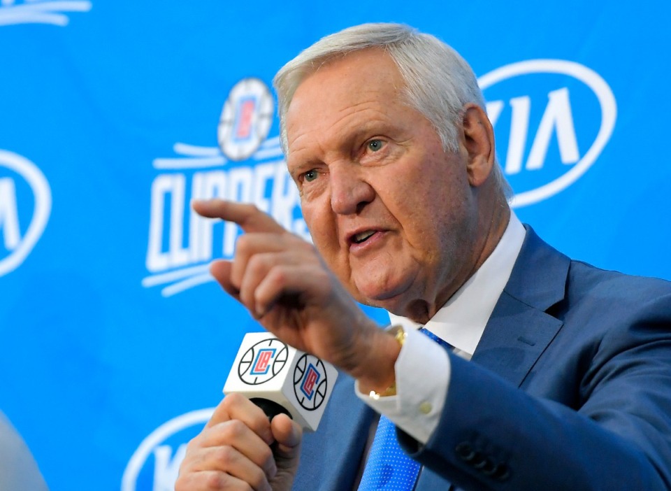 <strong>Jerry West speaks during a news conference to introduce him as an advisor to the Los Angeles Clippers, in Los Angeles, June 19, 2017. Jerry West, who was selected to the Basketball Hall of Fame three times in a storied career as a player and executive and whose silhouette is considered to be the basis of the NBA logo, died Wednesday morning, June 12, 2024, the Los Angeles Clippers announced. He was 86.</strong> (AP Photo/Mark J. Terrill, File)