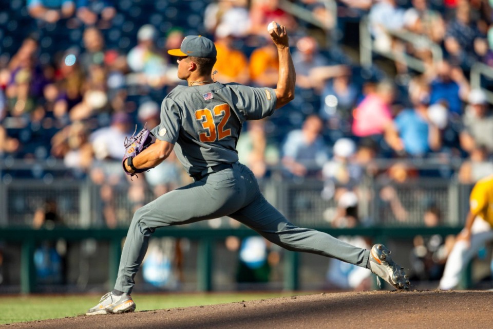 <strong>Tennessee pitcher Drew Beam (32) throws against LSU in the NCAA College World Series in Omaha, Nebraska, Tuesday, June 20, 2023. The Vols are in the CWS again this year, and are bringing back the majority of their lineup.</strong> (John Peterson/AP file)