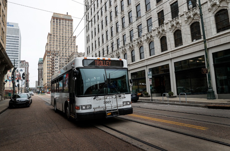 <strong>A MATA trolley bus drives along Madison Avenue in 2023. Memphis Mayor Paul Young calls transit&nbsp;&ldquo;a critical service.&rdquo;</strong>&nbsp;(Mark Weber/The Daily Memphian file)