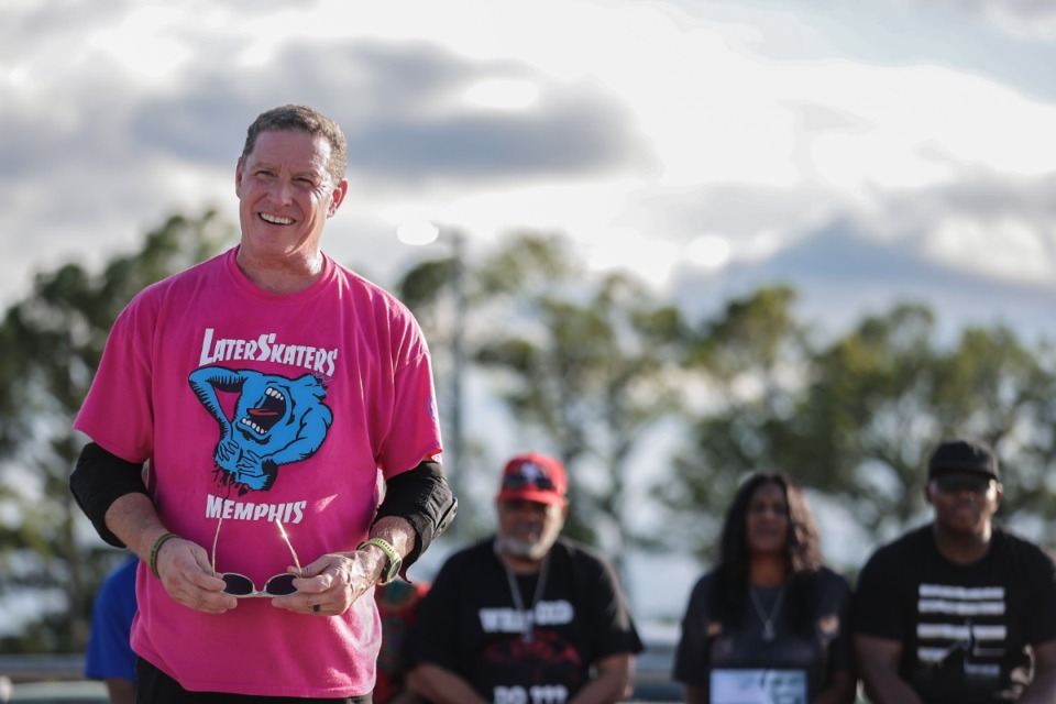 <strong>Benji Smith speaks to a group of skaters gathered at the Raleigh Springs Skate Park June 5, 2024.</strong> (Patrick Lantrip/The Daily Memphian)