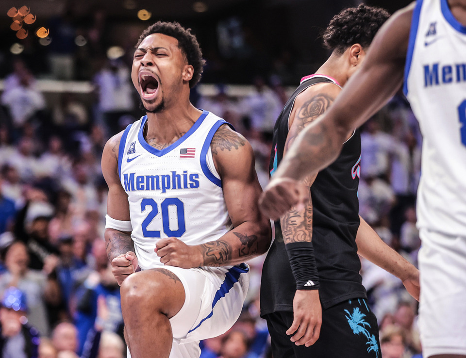 <strong>University of Memphis guard Joe Cooper (20) reacts to a bucket during a Feb. 25, 2024 game against FAU.</strong> (Patrick Lantrip/The Daily Memphian file)