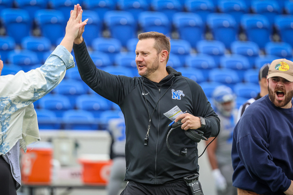 <strong>Memphis Tiger head coach Ryan Silverfield celebrates during the spring game at Simmons Bank Liberty Stadium April 20 in Memphis.</strong> (Wes Hale/Special to The Daily Memphian)