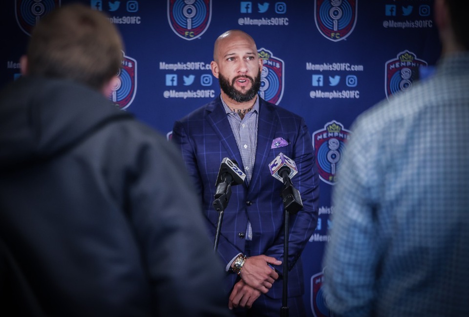 <strong>Tim Howard speaks during a 2023 Memphis 901 FC news conference. </strong>(Patrick Lantrip/The Daily Memphian file)