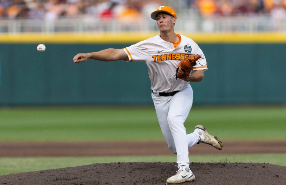 <strong>Tennessee's AJ Causey throws to a Texas A&amp;M batter duirng the first inning in Game 1 of the NCAA College World Series baseball finals in Omaha, Neb., Saturday, June 22, 2024.</strong> (Rebecca S. Gratz/AP)