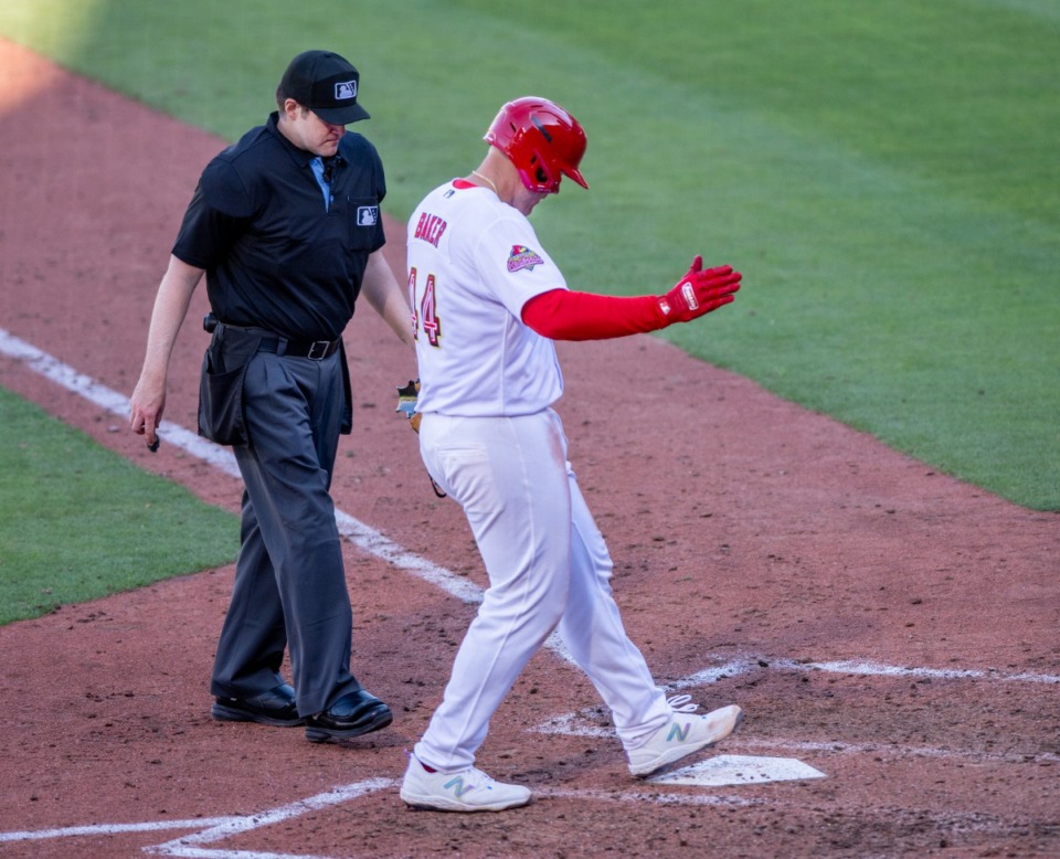 <strong>Redbirds first baseman Luken Baker (in a file photo) hit two home runs Sunday at AutoZone Park.</strong> (Greg Campbell/Special for The Daily Memphian)