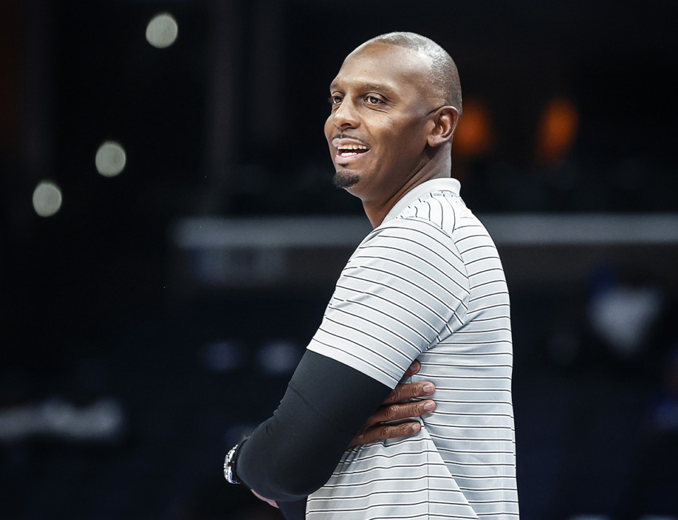 <strong>University of Memphis head coach Penny Hardaway smiles during action against Lane College on Sunday, October 29, 2023.</strong> (Mark Weber/The Daily Memphian)