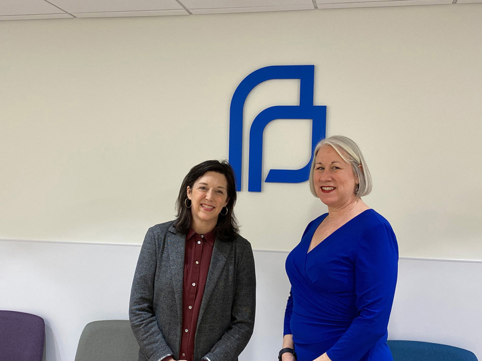 <strong>Ashley Coffield (left), CEO of Planned Parenthood of Tennessee and North Mississippi, pictured with Jennifer Welch (right), CEO of Planned Parenthood of Illinois, at the Carbondale health center which opened in January 2024.</strong> (Courtesy Planned Parenthood of Tennessee and North Mississippi)