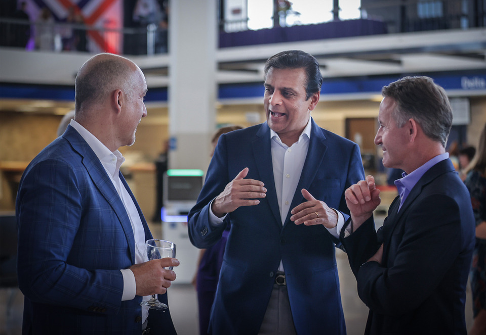<strong>&ldquo;This is a very strong result in a year where revenue was down 3% or nearly $2.5 billion,&rdquo; said Raj Subramaniam, center, FedEx president and CEO. Subramaniam talks with guests at Memphis International Airport.</strong> (Patrick Lantrip/The Daily Memphian file)