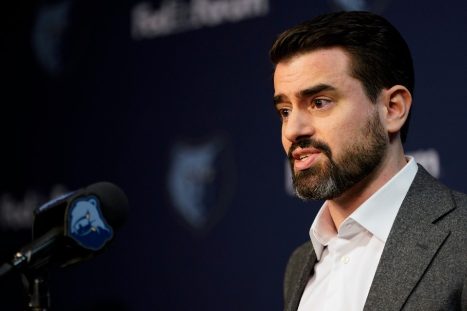 <strong>Memphis Grizzlies general manager Zach Kleiman responds to questions during the NBA basketball team's media day in Memphis, Tenn. Monday, Oct. 2, 2023.</strong> (George Walker IV/AP Photo)